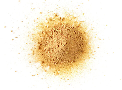 Red maca organic powder scattered isolated on white, top view