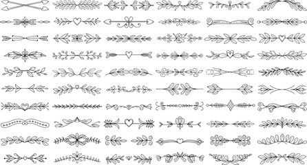 Collection of hand drawn floral dividers and decorative line ornaments, elegant vintage design elements in black outline style isolated on white background