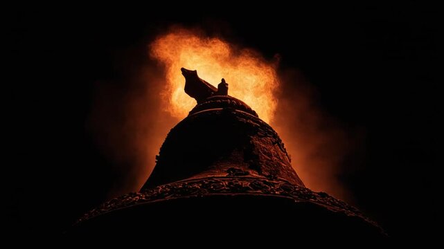 Silhouette of a bell-shaped object under fiery smoke, creating a dramatic and mysterious atmosphere