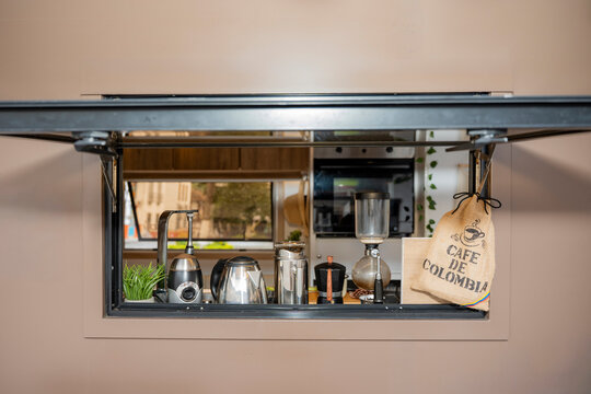 Coffee truck setup with coffee equipment and supplies