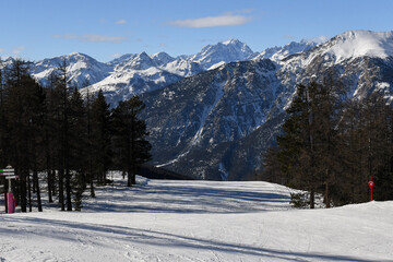 Fototapeta premium Group of people skiing and snowboarding down a ski slope in Montgenevre, French ski resort. Beautiful treelined piste and snowcapped winter mountains in the Provence-Alpes-Côte d'Azur region, France.