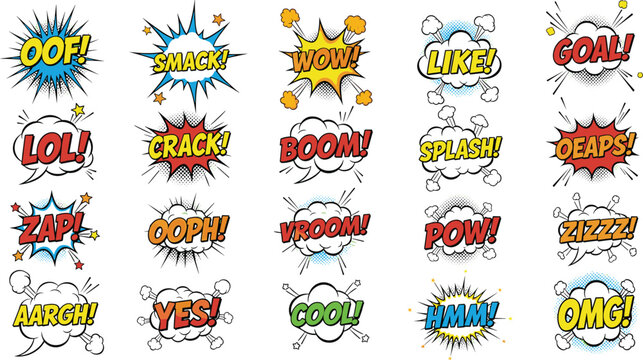 Colorful comic pop art speech bubbles with cartoon sound effects words like wow, boom, zap, pow, isolated on white background for fun graphic design