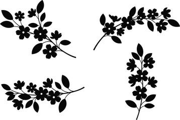 Elegant black floral branch silhouettes with blooming flowers and leaves, botanical vector elements isolated on white background for decoration, invitations, branding, and creative design projects