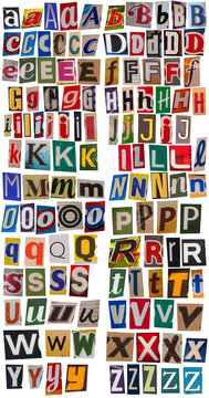 Collage of cut-out letters, on white.