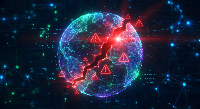 cracked digital globe showing global cyber attack with red warning alert icons and network security breach on dark futuristic circuit board background for technology and hacking