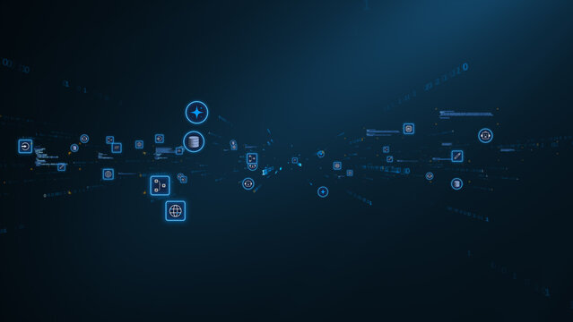 AI automation digital network with data flow icons and futuristic technology interface background