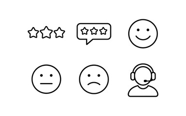 Customer feedback icons: stars, emoticons, and support agent, simple line art