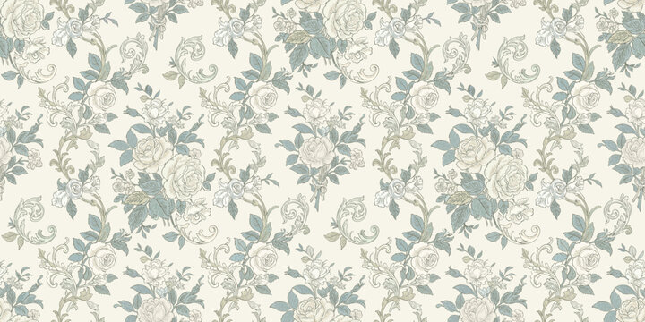Toile de jouy vector seamless vintage floral pattern
