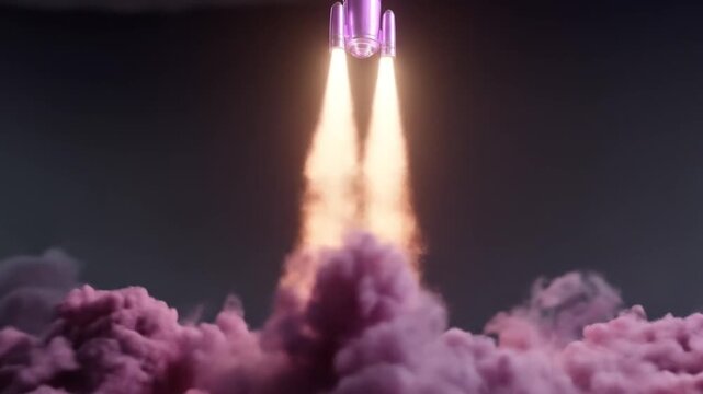 Rocket launch above pink clouds during night with bright exhaust and darkness