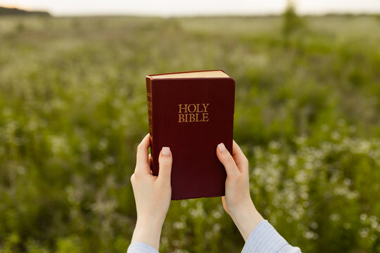 Woman holding a Bible in a serene natural setting