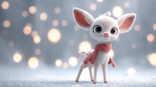 Animated deer character with a red scarf against blurred bokeh background