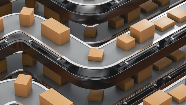 Transport and shipping chain with boxes moving on conveyor belt