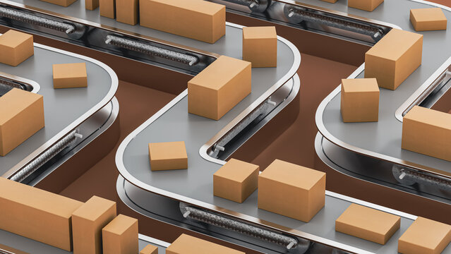 Transport and shipping chain moves packages on conveyor system