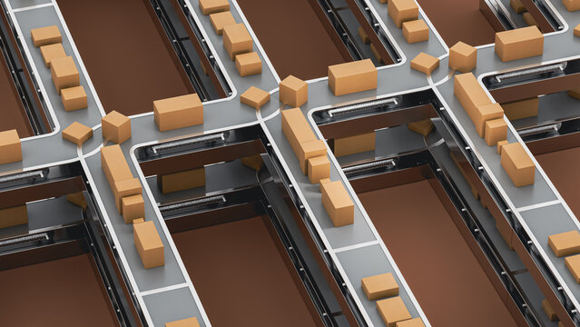Transport and shipping chain with boxes moving on conveyor belt