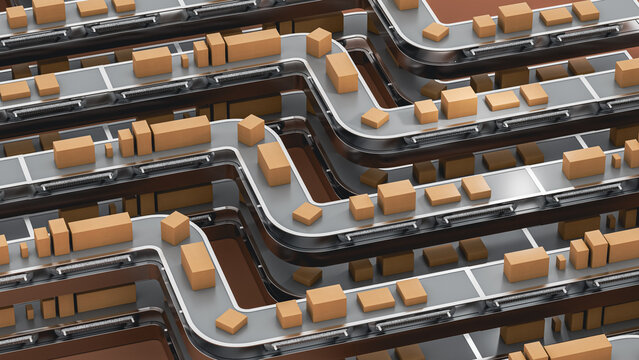 Transport and shipping chain with boxes moving on conveyor belt