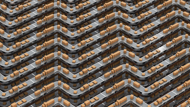 Transport and shipping chain with boxes moving on conveyor belt