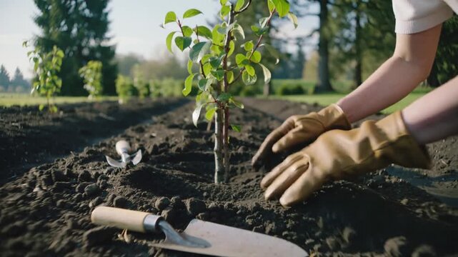 Hands in protective gloves planting young sapling in fertile soil. Close-up of gardener working in sunny backyard during spring season. Lockdown shot.