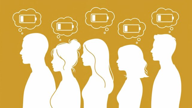 Five individuals with low battery icons above their heads, illustrating low energy or fatigue, Silhouette profiles against a warm ochre background