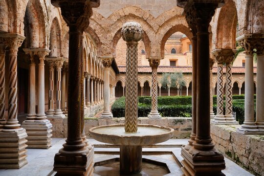 The magnificent Benedictine Cloister in Monreale near Palermo is part of the Cathedral of Monreale.