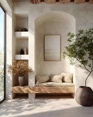 Modern alcove design with built-in shelving and pottery in neutral setting