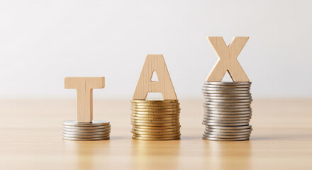 Empilement de pi&egrave;ces et lettres repr&eacute;sentant la taxe