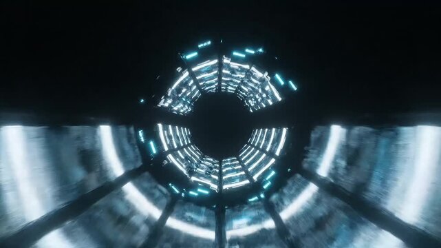 Futuristic tunnel with glowing blue lights and metallic structures viewed from a low angle