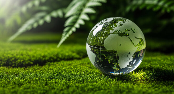 Globe &eacute;cologique sur pelouse symbolisant la plan&egrave;te verte