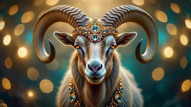 Regal ram portrait wearing jeweled crown and necklace with golden bokeh background