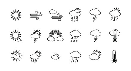 Naklejka premium Weather condition icons show sun, clouds, rain, and lightning.