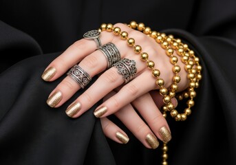 Womans hand adorned with gold nail polish and diamond rings on black fabric