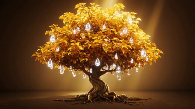 Golden money tree growing from pot with sparkling magical dust and crystal fruit. Fantasy wealth and prosperity concept video.