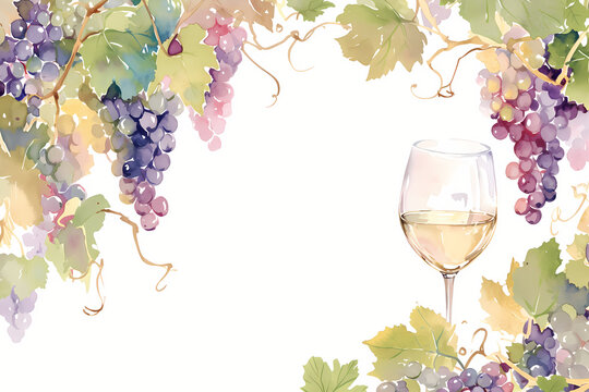 Watercolor wine banner with glass of white wine and red, green grape bunch. Artistic vineyard background for tasting event, menu design.