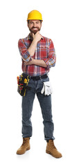 Professional builder with hardhat and tool belt on white background