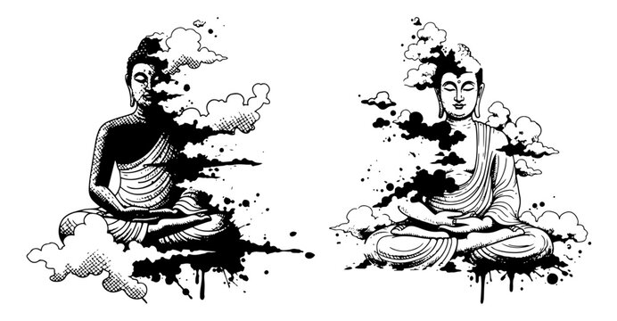 Two meditating buddha figures with artistic ink splashes and decorative clouds in hand drawn sketch style