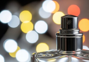 Luxury perfume bottle with black cap on bokeh lights background