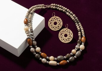 Beautiful beaded necklace and earrings jewelry set on purple background