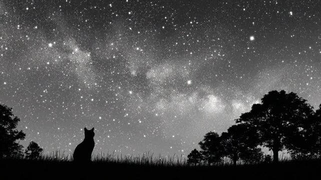 A black and white image features a cat silhouette gazing at a starry night sky. Trees on the horizon