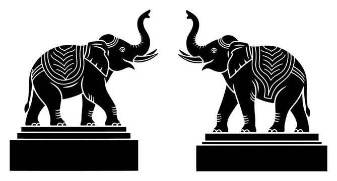 Pair of decorated ceremonial elephant silhouettes standing on pedestals with trunks up