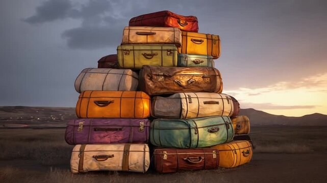 A tall, vibrant stack of vintage travel bags of varying colors set against a scenic dusk background