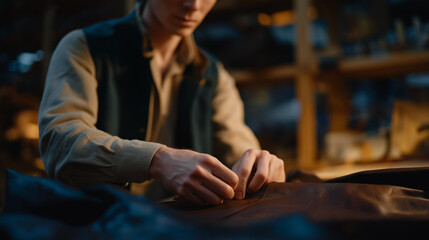 Obraz premium The process of finishing a leather bag shows artisans working in a workshop, highlighting the various methods of applying dyes and conditioners to enhance the texture and durability of the final