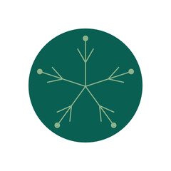 Green round snowflake icon in simple line style sticker. Winter xmas ornament for holiday box sticker, cold christmas decoration and festive packaging. Professional label symbol for seasonal