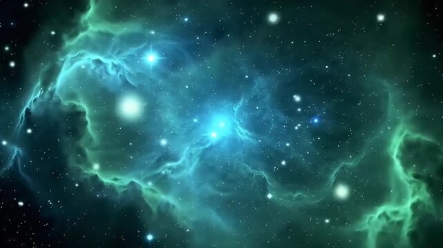 Vivid Blue-Green Interstellar Cloud Nebula Illuminating Deep Space With Starlight And Gas