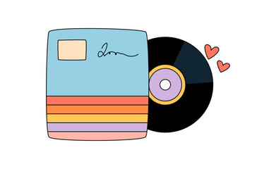 Groovy y2k colorful music vinyl record with heart and retro graphic. Vintage audio record in a groovy element style creates a playful, pop image, perfect for creative sticker or art projects.