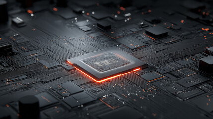 
An illuminated microchip on dark black surface with glowing circuits, futuristic technology concept, digital innovation, high tech electronic illustration.