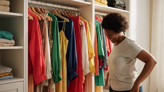 The Colorful Wardrobe: A woman looks through her wardrobe, a vibrant collection of clothing, filled with bright colors.