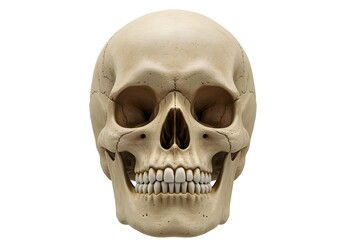 Obraz premium Front view of a human skull with detailed bone structure, isolated on a clean white background.