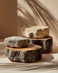 Natural stone and wood pedestal arrangement with textured shadow play