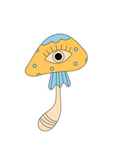 Groovy psychedelic mushroom sticker with yellow cartoon eye in retro trippy retro style. Funky shroom and magic groovy element add playful character for pop vintage cartoon icon, modern fantasy art