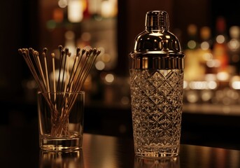 Luxury cocktail shaker and mixing spoons on bar counter in dimly lit bar setting