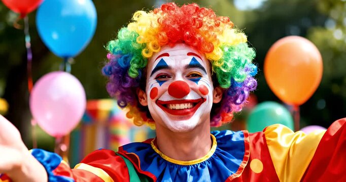 A cheerful clown with a colorful rainbow wig and face paint smiles broadly, surrounded by bright balloons at an outdoor event.